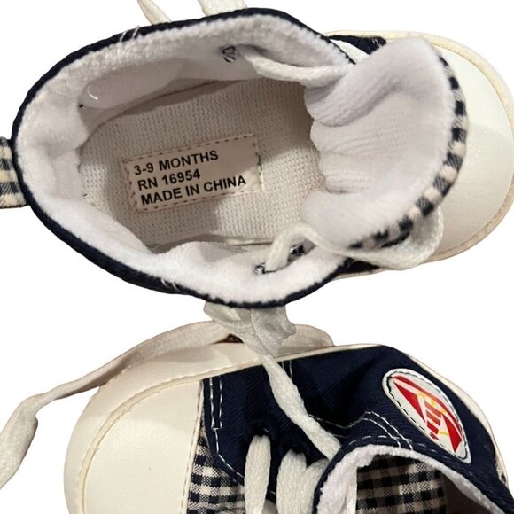 Navy Blue/White & Gingham Baby Boy Crib Shoes - Red Boat Picture on sides - 3-9M - Picture 3 of 5